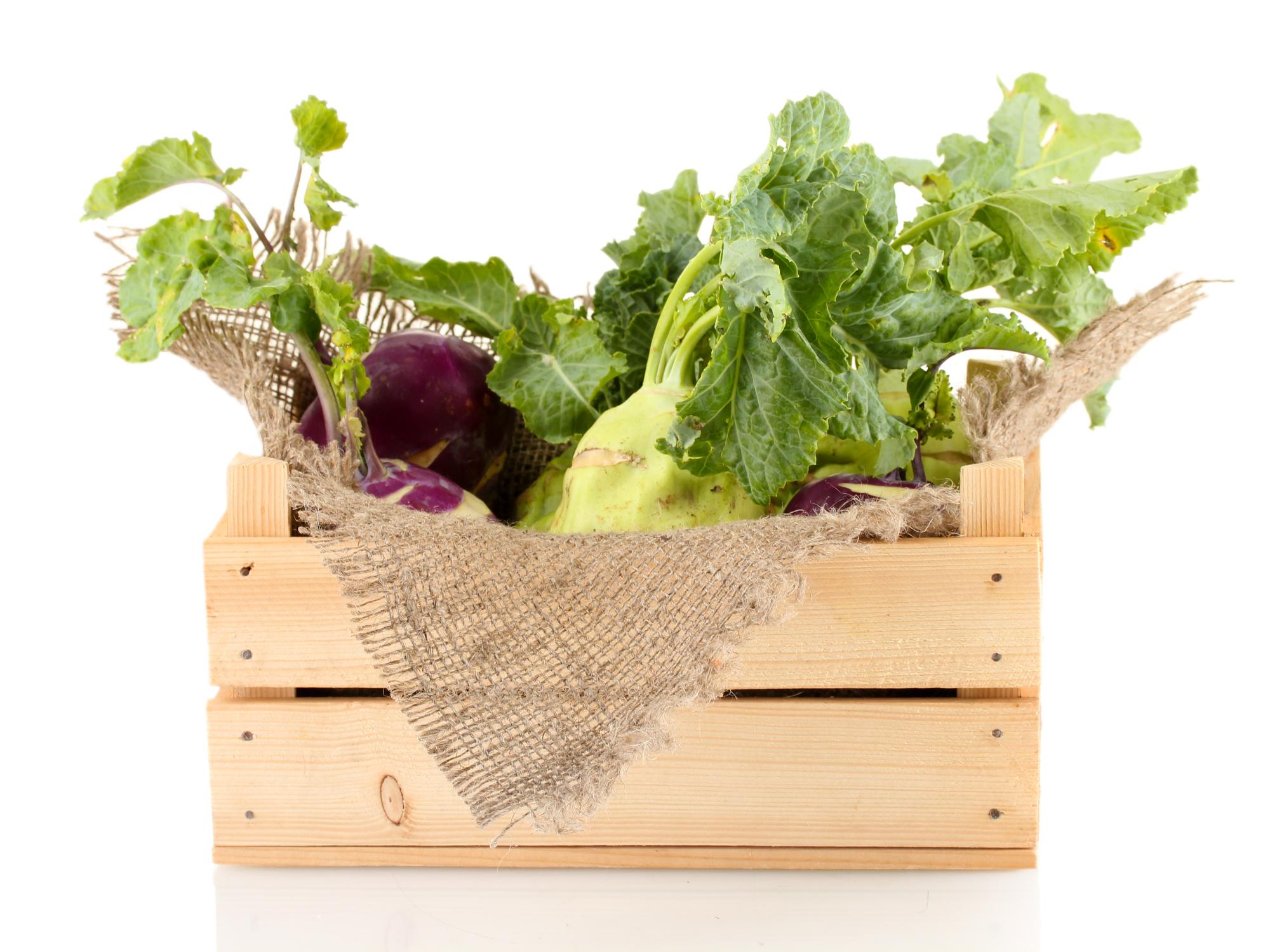Crate of labeled vegetables at a farm
